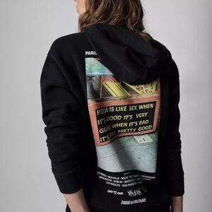Zadig & Voltaire Black Spencer “Pizza & Sex” Graphic Hooded Sweatshirt